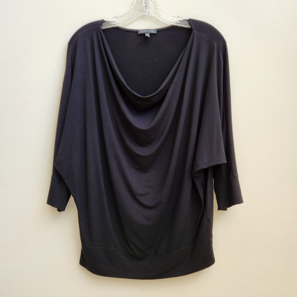 Eileen Fisher Blouse Womens Small Black 3/4 Sleeve Boat Scoop Neck Pullover Top